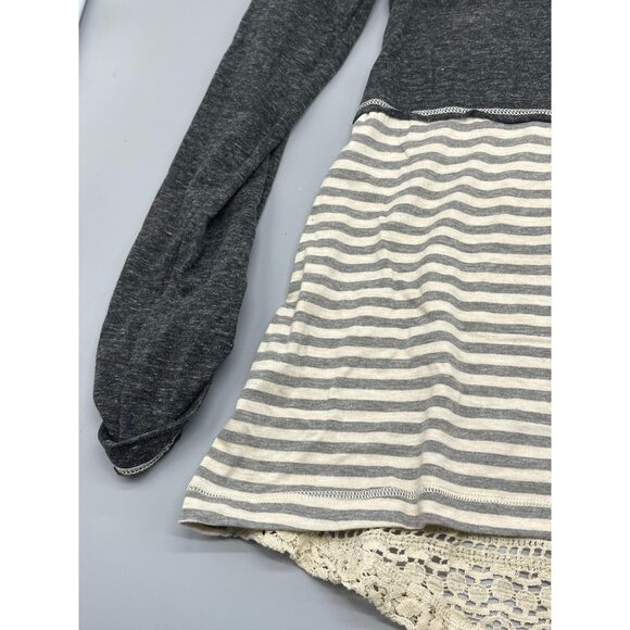 poof long sleeve shirt high low lace striped ivory gray boho cotton blend s armp - Picture 3 of 13